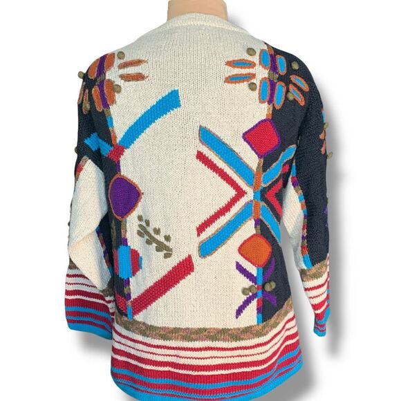 Vintage 90s Abstract Knit Sweater Bold Graphic Oversized Red Stripe Large Weave - Picture 7 of 11